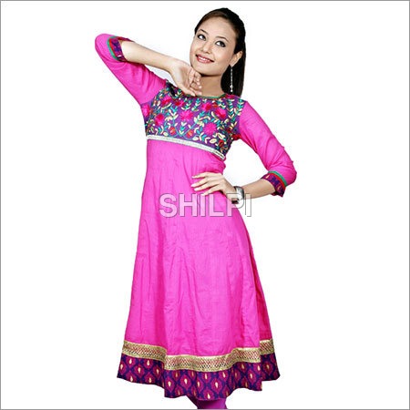 Pink Cotton Anarkali Kurta with Embroidered Yoke - Standard Sizes S, M, L, XL, XXL | Lightweight, Quick-Dry, Washable, Printed Pink Texture