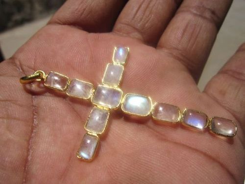 rainbow moonstone 5x7mm to 6x8mm rectangle cabochons shape cross pendant 22k gold plated 