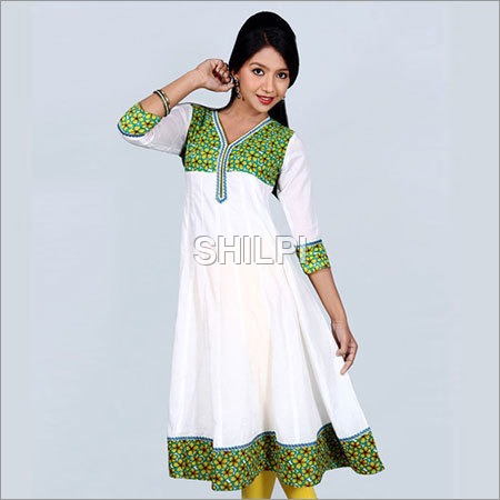 White Cotton Voil Anarkali Kurta with Floral Print Yoke and Border - Size S M L XL XXL, White Color, Lightweight, Quick Dry, Washable