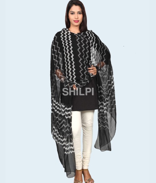 Washable Chiffon Hand Block Printed Black And White Dupatta