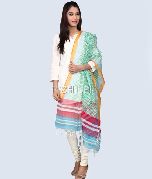 Silk Kota Hand Block Printed Zig Zag Leaf Dupatta - Cotton, Standard Size, Multicolor with Tri Color Border | Light in Weight, Quick Dry, Washable