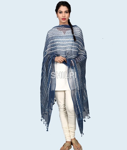 Silk Kota Hand Block Printed Indigo Blue Dupatta - Cotton Standard Size Light in Weight Washable Quick Dry | Perfect for Female Use