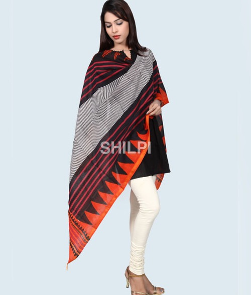Printed Orange and Black Dupatta - Chanderi Silk, Standard Size | Light Weight, Quick Dry, Washable with Zari Border