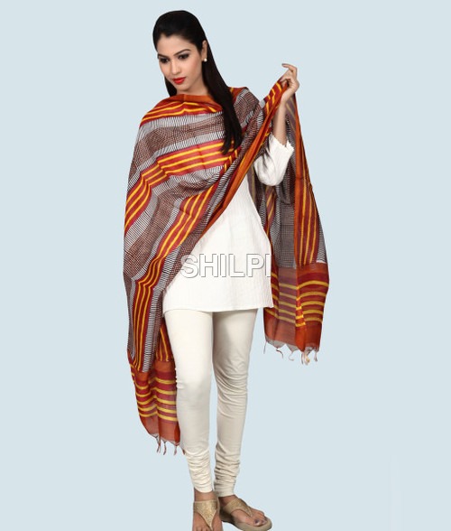 Hand Block Printed Red Yellow Dupatta - Chanderi Silk, Standard Size, Yellow and Mix Color | Light in Weight, Washable, Quick Dry