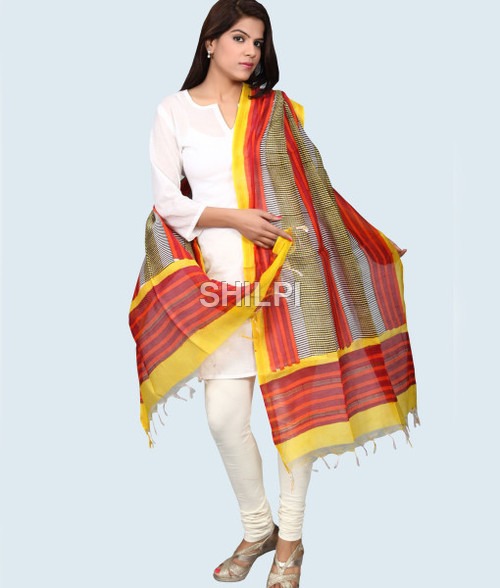 Chanderi Silk Dupatta - Standard Size, Hand Block Printed in Yellow and Orange | Light in Weight, Quick Dry, Washable