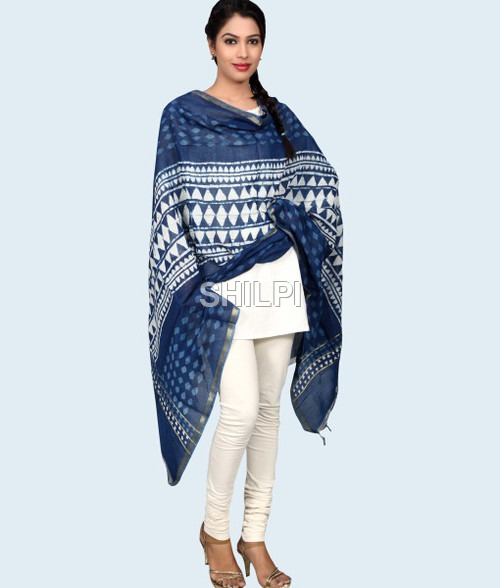 Silk Kota Hand Block Printed Indigo Blue Dupatta - Chanderi Silk with Zari Border | Lightweight, Quick Dry, Washable, Standard Size
