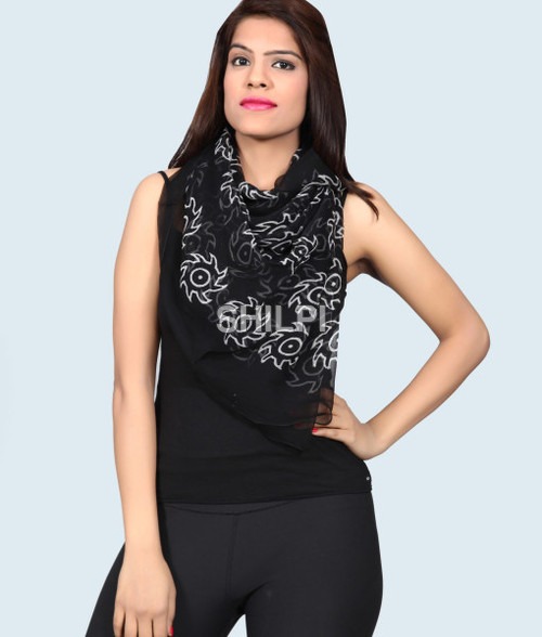 Chiffon Hand Block Printed Black And White Scarf