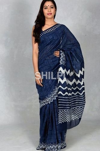 Cotton Moonga Rani Hand Block Printed Saree - Standard Size, Blue Color with Tri Color Border | Lightweight, Quick Dry, Washable