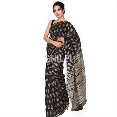 Chanderi Silk Saree - Standard Size, Black Hand Block Printed Design | Light Weight, Quick Dry, Washable
