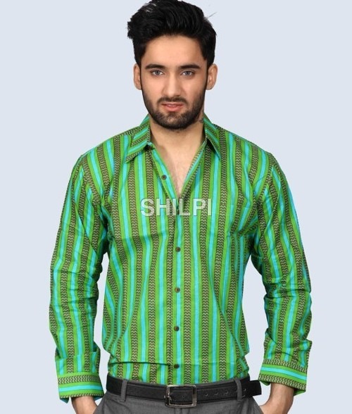 Washable Blue Green Stripe Print Full Sleeves Cotton Shirt