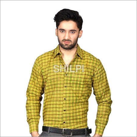 Quick Dry Yellow-Green Check Print Textured Cotton Full Sleeves Shirt