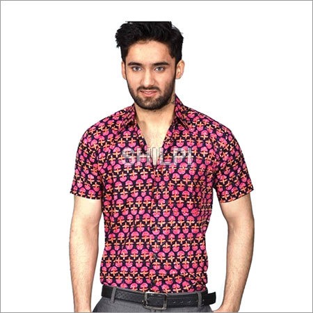 Navy Blue and Pink Printed Cotton Half Sleeves Shirt - Size S, M, L, XL | Light Weight, Quick Dry, Washable, Standard Fit