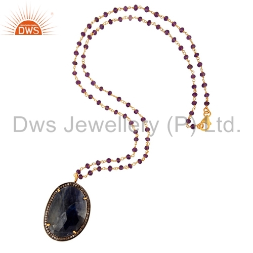 Blue Sapphire Pave Diamond Silver Amethyst Pendant
