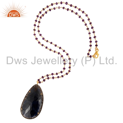 Sterling Silver Pave Diamond Blue Sapphire Pendant - Sterling Silver, 18-24 Inch Length, Teardrop Shape | Elegant Design, Sapphire Accent, Fine Craftsmanship