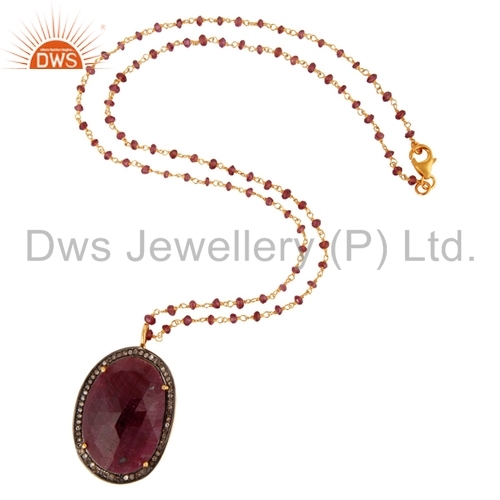 18K Gold On Sterling Silver Pave Diamond Ruby Gemstone Pendant