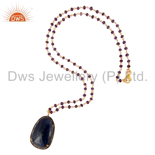 Sterling Silver Pave Diamond Blue Sapphire Pendant