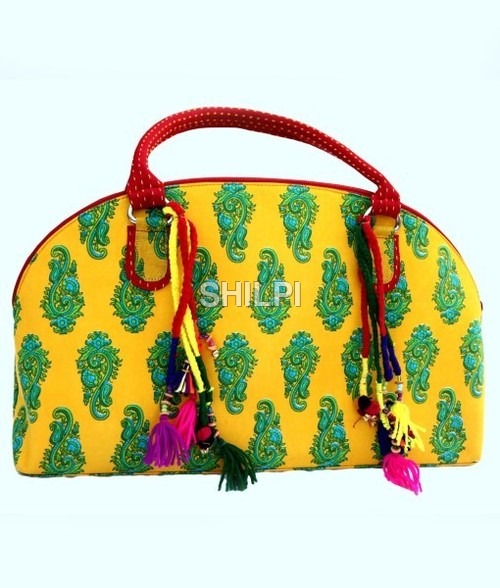 Quick Dry Yellow Boat With Red Kantha Handle And Multi Color Tassles