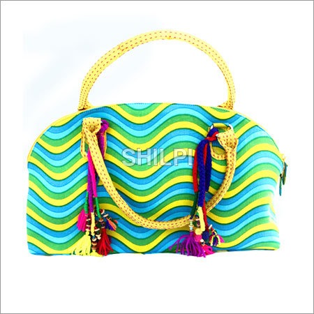 Light In Weight Leheria Print Boat Bag With Yellow Kantha Handle And Multi Color Tassles