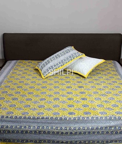 Cotton hand block printed grey bed sheet