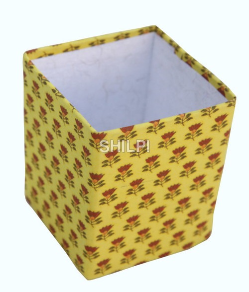Light In Weight Handmade Paper Yellow Printed Square Pen Stand