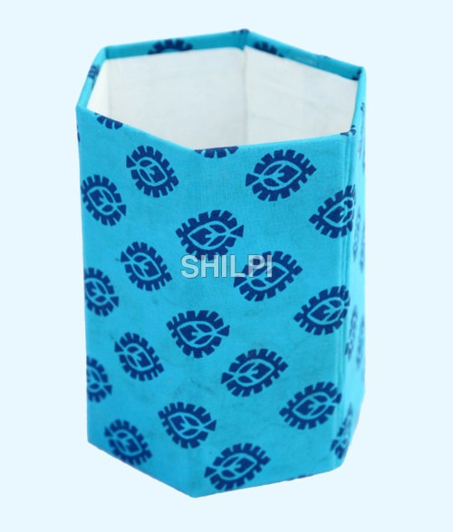 Light In Weight Handmade Paper Turquoise Printed Hexagonal Pen Stand