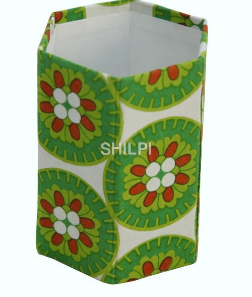 Light In Weight Handmade Paper Green And White Floral Print Hexagonal Pen Stand