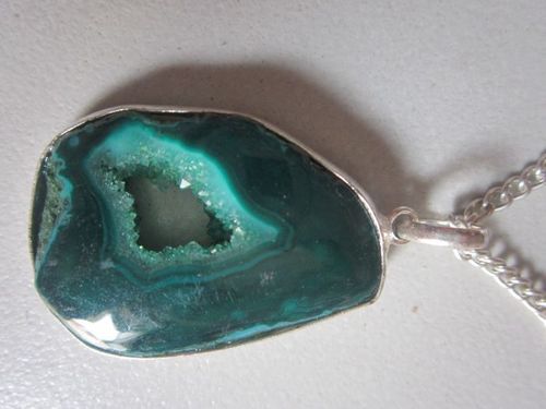 Green Chalcedony Druzy Pendant Set - 39cts, Sterling Silver Chain, Elegant Green Color