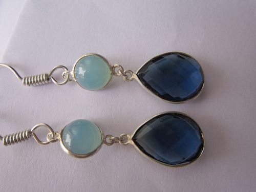 Round Iolite & Aqua 2 Stone Silver Plated Earrings Ready To Wear 