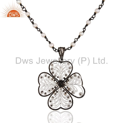 Flower Rhodium Plated Silver Natural Pearl Beaded Chain Pendant Necklace Jewelry