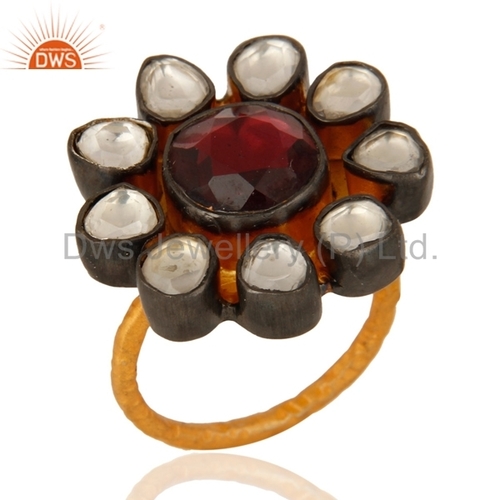 Rhodolite Garnet & Crystal Polki Ring - 18K Gold Plated, Sterling Silver, US Size 4 to 10, 7.825 Grams, Perfect for Engagements and Anniversaries