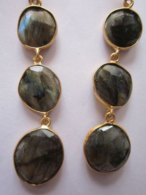 Round 3Pcs Labradorite Stone 18K Gold Plated Earrings Ready To Wear  