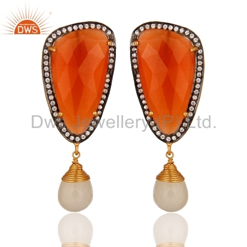 White Chalcedony & Peach Moonstone - 925 Sterling Silver Drop Earrings | Elegant Multi Gemstone Design