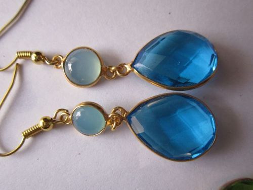 2PCS BT QUARTZ & AQUA CHALCEDONY 18K GOLD PLATED EARRINGS READY TO WEAR