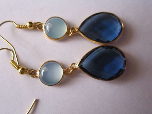 Blue 2pcs Iolite Quartz & Aqua Chalcedony 18k Gold Plated Earrings Ready To Wear