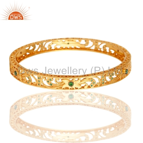 14K Gold Plated Filigree Green CZ Bangle