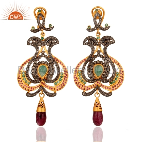 Round Brilliant Cut Gemstone Pave Diamond Designer Victorian Earrings