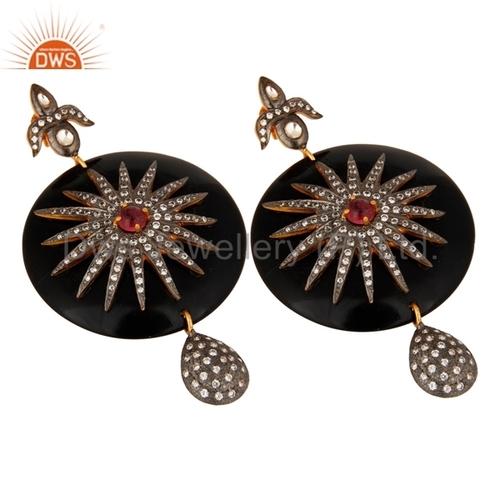 Pink Tourmaline Pave CZ Black Bakelite Earrings