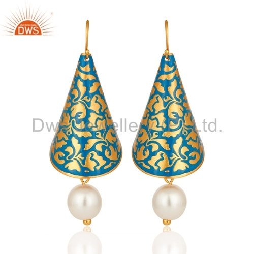 Pearl Gold Plated Brass Enamel Earrings