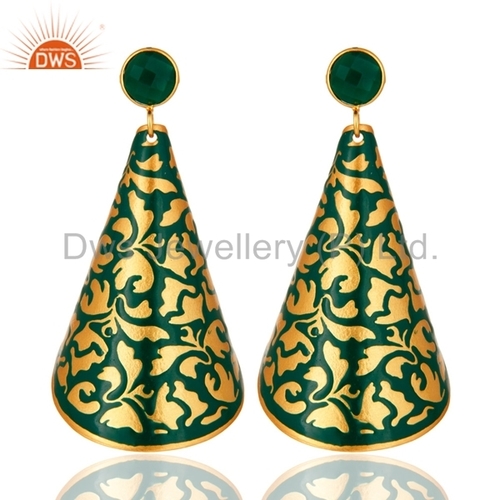 Gold Plated Green Onyx Enamel Earrings