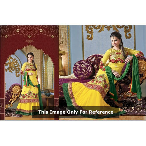 Georgette Fabric - Approx 1 kg, Yellow Embroidered Full Sleeves Dress with Laces, No Fade & Washable