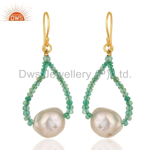 Emerald 18K Solid Yellow Gold Pearl Earrings