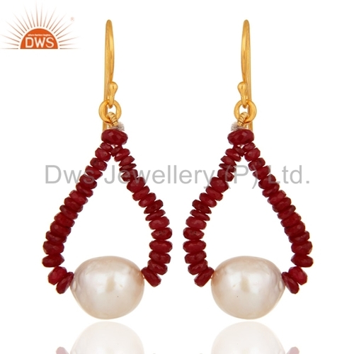 Yellow Solid Gold Natural Pearl And Ruby Gemstone Earring