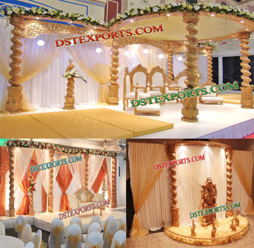 Wedding Spiral Wooden Mandap Set - Hand Carved Wood, Beige, Variable Dimensions | Elegant Design, Easy Assembly, Stable Structure