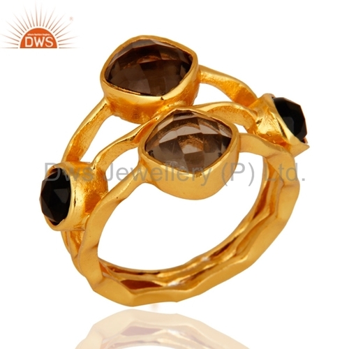 14k Gold Plated Smoky Quartz & Black Onyx Ring