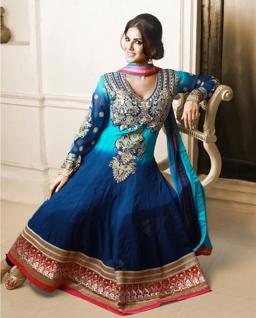 New Trendy Blue Shaded Satin Embroidered Suit