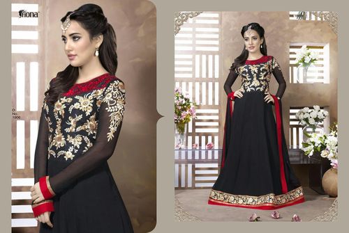Neha Sharma Vol No-6 - Black Georgette, Red Accents | Embroidered Fancy Salwar Suit, Long Top, Comfortable Fit