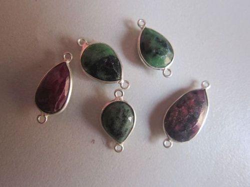 Natural Ruby Zosite Connectors - 5 Pcs, Pear Shape 12x16mm to 13x17mm, Green and Brown Stones
