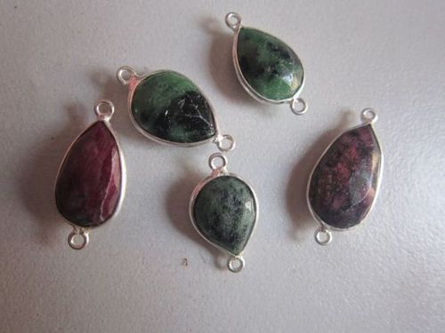 Green And Brown Natural  Ruby Zosite Pear Sterling Silver 5 Pcs Connectors 13X20Mm To 12X16Mm  52Cts 
