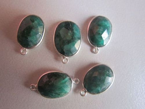 Green Natural Emerald Oval Checker Cutting Sterling Silver 2Loop Connectors 5 Pcs 13X17Mm