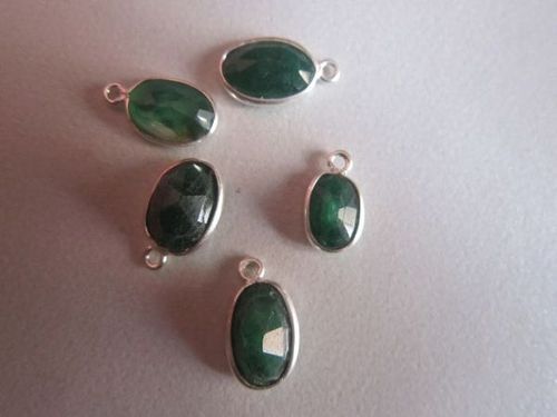 Green Natural Emerald Oval Cut Stone Cutting Sterling Silver  2Loop Connectors 5 Pcs  6X8Mm To 8X10Mm 